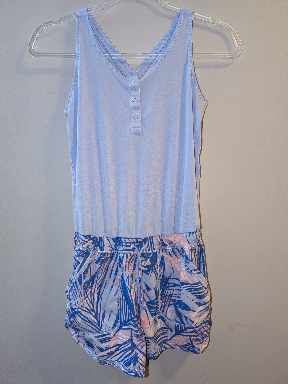 Ivivva Girls' 12 Sleeveless Pastel Palm-Print Romper Cross Back Straps Pockets